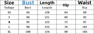 Detailed size chart for V-neck ruffle dress including bust, waist, hip, and length measurements