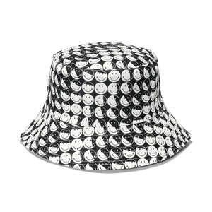 Double-sided smile face pattern bucket hat in black and white canvas fabric for women