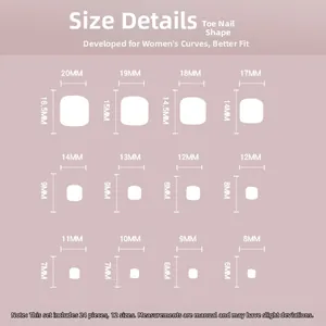 Size chart showing width and length for 24pcs French style press-on toe nails