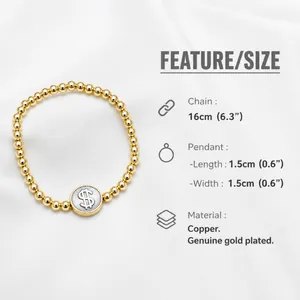 Size chart for 18k gold plated bracelet with dimensions for chain and dollar heart charm