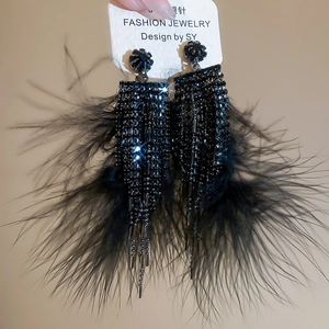 Détail des boucles d'oreilles noires à plumes et pompons avec strass sur carte bijou