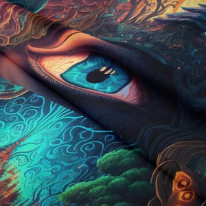 Detail shot of the fabric showing a blue eye print and soft texture on the mushroom tapestry