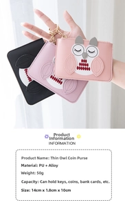 Three owl-shaped PU leather coin purses held in hand with top zipper and metal keychain