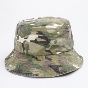 Detail of washed camouflage sun hat with multi-row stitching on the durable cotton brim