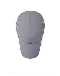 Top view of a breathable grey quick-dry sports cap with mesh panels and DOSRU logo
