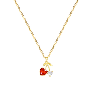 Luxurious gold-tone cherry necklace with red and white sparkling rhinestones