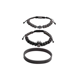 Men's 3-piece black beaded bracelet set with crown and Hamsa hand charms