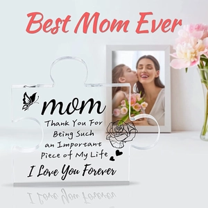 Acrylic puzzle ornament for mom with flowers and photo frame in warm home setting