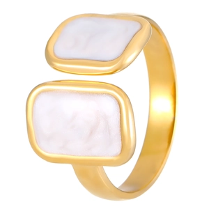 Adjustable 18K gold plated stainless steel ring with white enamel geometric inlay