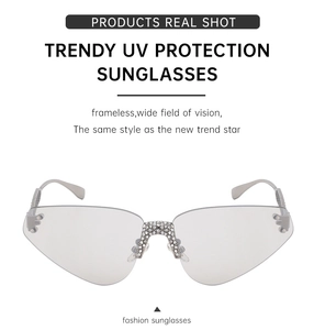 Détail du pont de lunettes de soleil sans monture avec strass brillants et plaquettes métal