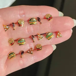 Food Theme Hamburger Pizza Fries Stud Earrings Copper 18K Gold Plated Zircon Colorful Jewelry With 925 Sterling Silver Earring Post