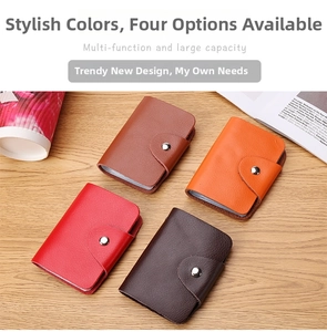Detailed view of leather card holders in four colors with multi-slot accordion design
