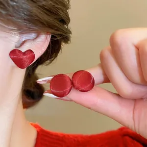 Orecchini A Lobo Vintage Tondi Cuore Tessuto Rosso Con Perno In Argento Gioielli Stile Retrò Minimalista Quotidiano Per Donne