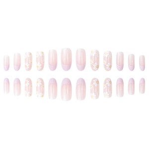 Faux ongles à presser avec pointes françaises mauves et motifs marguerites sur forme ovale longue