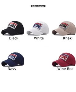 Detail display of cotton baseball caps in black white khaki navy and wine red colors
