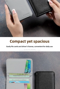 Detailed view of slim leather card holder showing multiple slots for licenses and cards