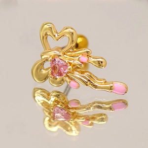 Elegant gold bow earrings with pink heart zircon and enamel detailing on mirror surface