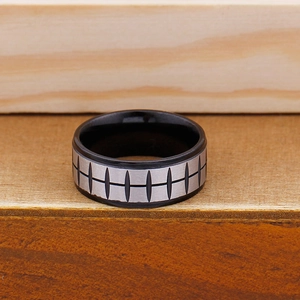 Men's hip hop tire tread ring in black and brushed silver stainless steel