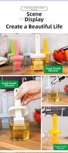 Close-up of food grade silicone oil brush with integrated cap and transparent oil jar