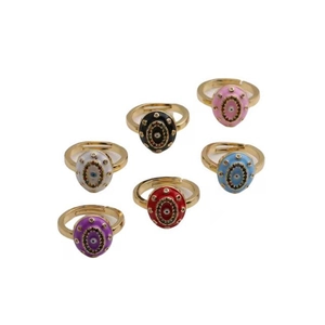 Close-up of evil eye rings set with colorful enamel finish and adjustable open band
