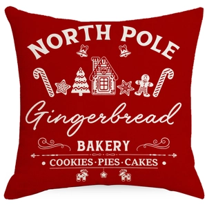 Red Christmas pillowcase with gingerbread bakery print on high-quality linen fabric