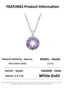 Detailed specification of S925 sterling silver necklace with purple heart cubic zirconia