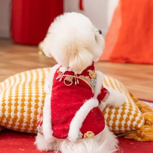 Costume Tang chinois rouge festif pour chien avec broderie et col en fausse fourrure blanche