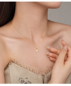 Close-up of a gold star pendant necklace on a model showing elegant French style