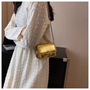 Detail of gold crocodile embossed mini square bag with metallic chain strap on model