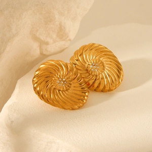 Boucles D'oreilles Vintage En Acier Inoxydable Plaqué Or 18K Avec Zircon Incrusté Texture Spirale Ovale Pour Femme