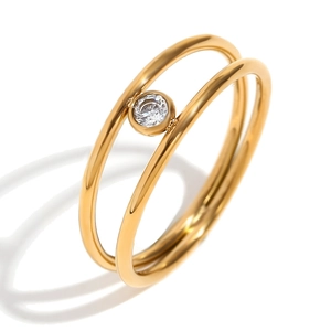 Anello minimalista a doppio strato in acciaio inossidabile placcato oro 18K con zircone