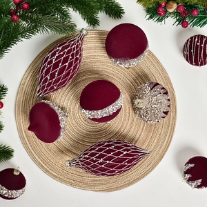 Set of 10 burgundy flocked Christmas ornaments with silver glitter and pearl details