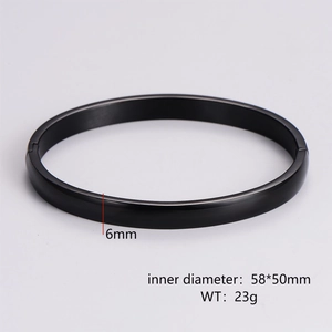 Detail view of 6mm black minimalist metal bangle with dimensions and weight specs