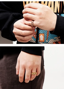 Detail of men's watch band style ring in gold and rose gold stainless steel link design