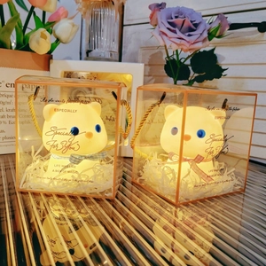 Detail of two glowing cat night lights in transparent gift boxes with golden handles