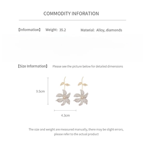 Detailed size specifications for flower drop earrings with alloy and diamond material info