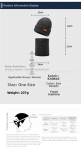 Size chart for winter knitted beanie and neck warmer set with measurement guide
