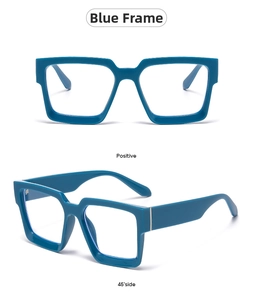 Detailed views of thick blue square eyeglass frames with silver hinge accents