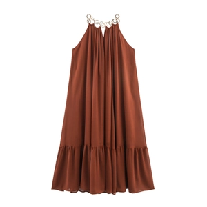 Halter Maxi Kleid Damen Chiffon Metallring Ausschnitt Ärmellos Lose Böhmisch Rüschensaum Einfarbig