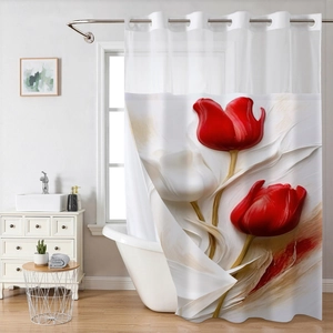 Close-up of double-layer shower curtain featuring red tulip floral print and white rings