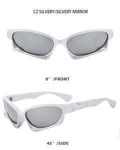 Front and side angles of Y2K silver metallic sunglasses with reflective mirror lenses