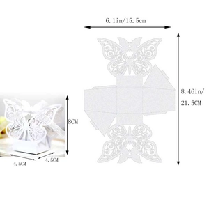Detailed size chart showing dimensions for white laser-cut butterfly wedding favor box