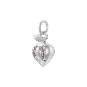 Detail of silver strawberry pendant with pink crystals and polished metal leaf