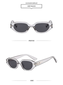 Front and side views of geometric sunglasses with grey frames and black lenses