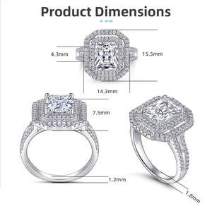 Detailed size measurement view of luxury S925 silver emerald cut princess square ring