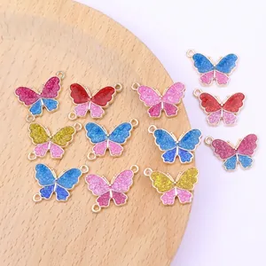 Colorful glitter butterfly alloy pendants with double holes for DIY jewelry making