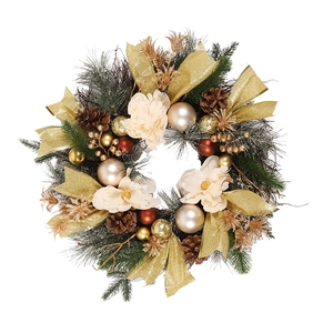 Lighted Christmas wreath with pine cones and golden ribbons on white background