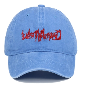 Washed blue cotton baseball cap with gothic 3D Lost My Head embroidery for men and women