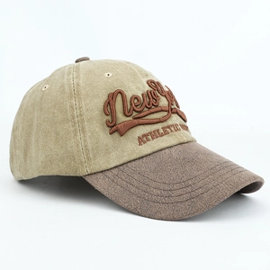 Close-up of vintage baseball cap with 3D New York embroidery and distressed finish