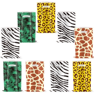 Animal print party gift bags featuring zebra, leopard, and palm leaf patterns on PE plastic